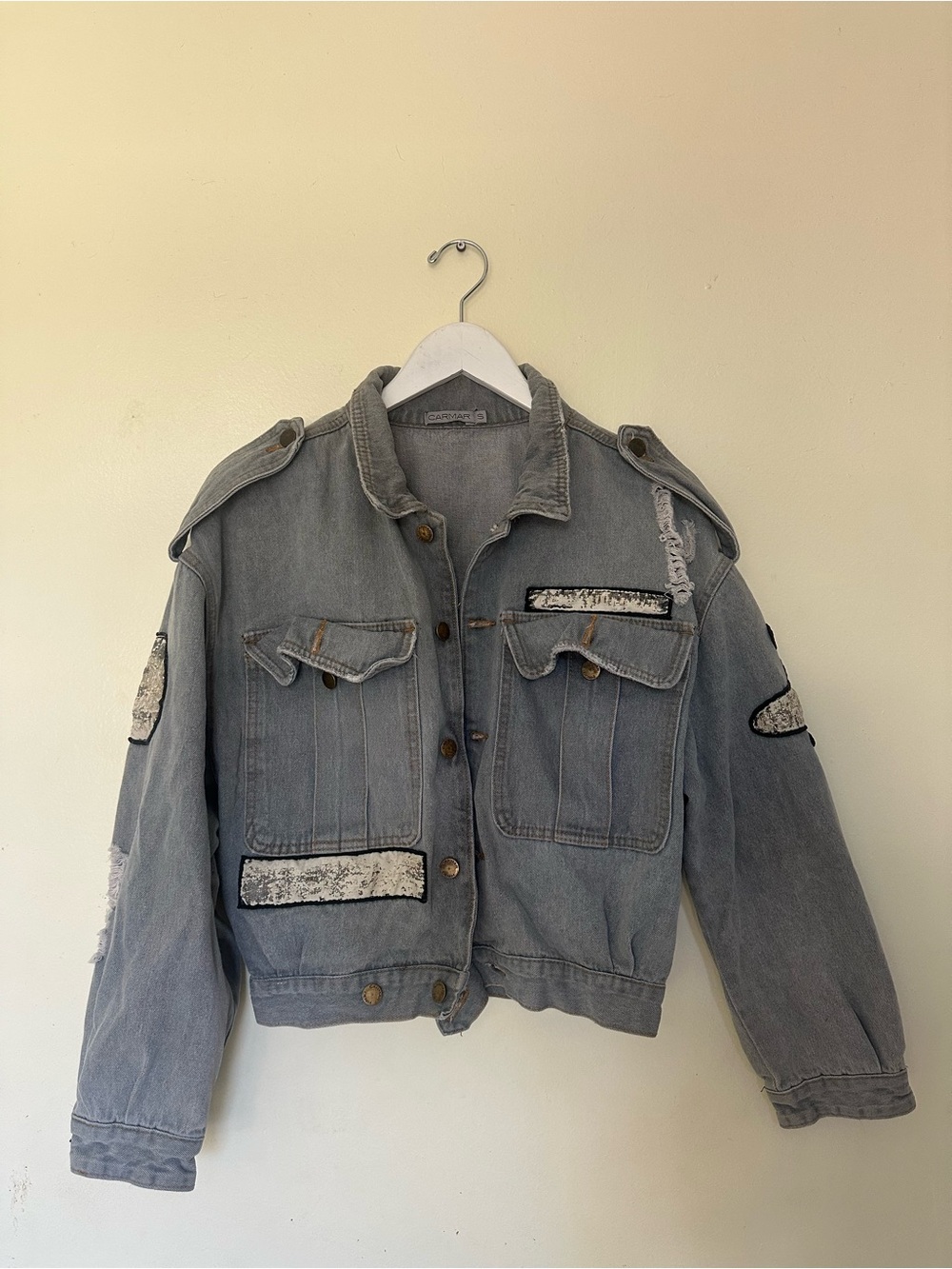 Carmar Distressed Cropped Denim Jacket Graphic Patch Light Wash Size S